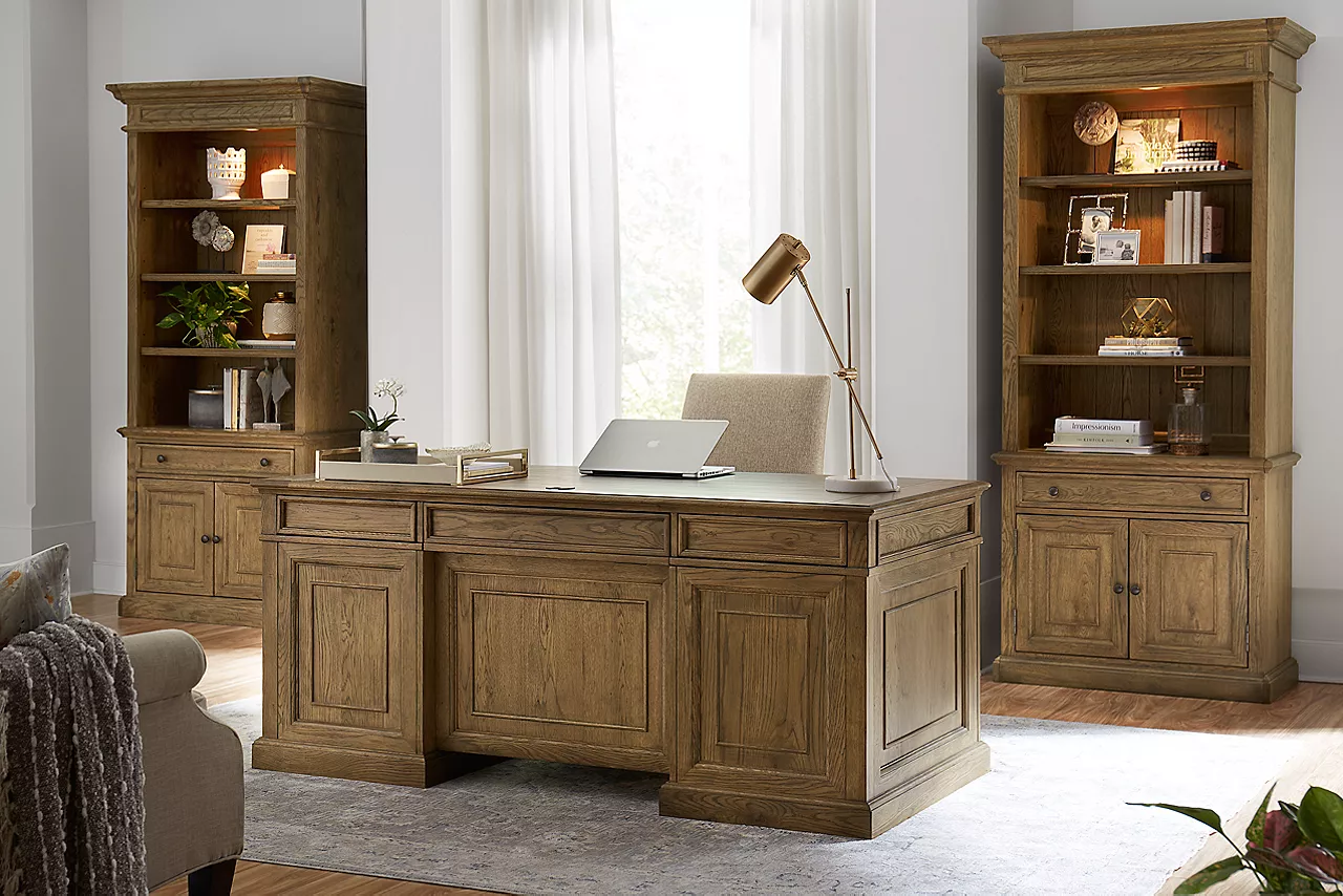 Avondale II Executive Desk and Bookcases in Vintage Oak in a room scene.